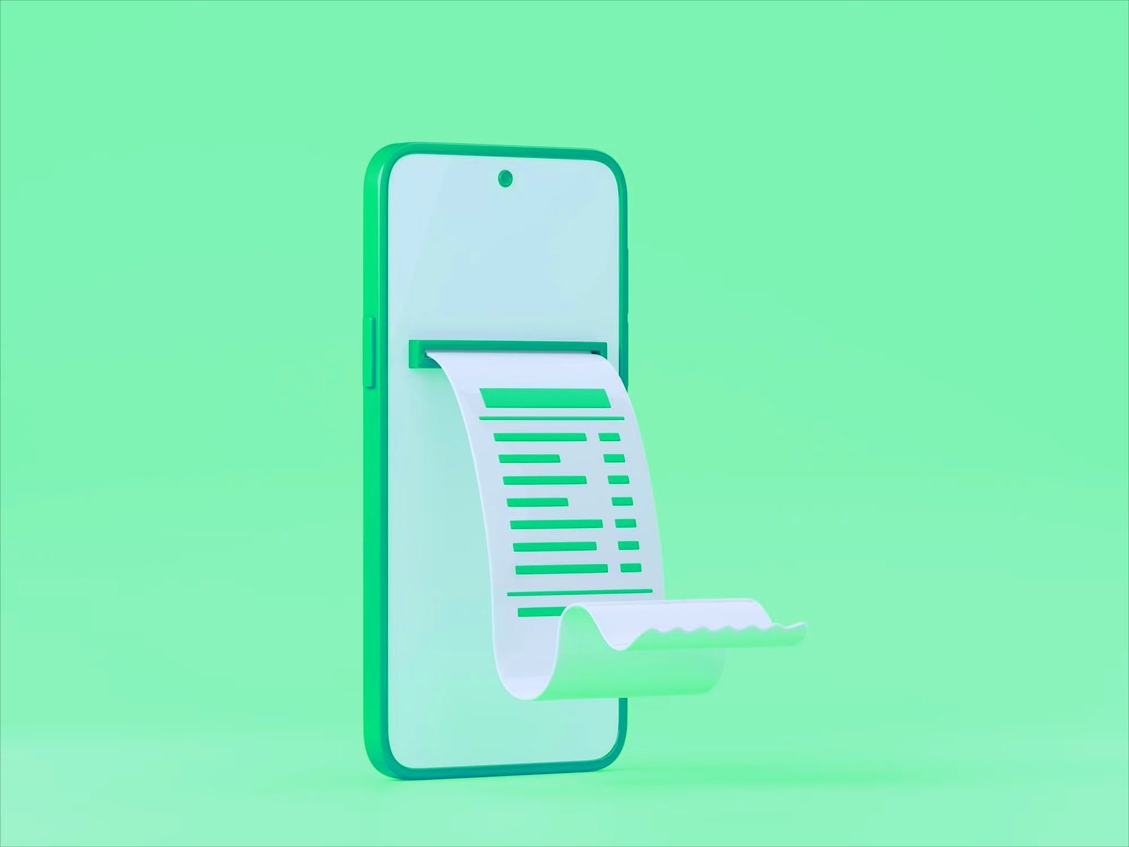 ภาพใบเสร็จรับเงินออนไลน์เลื่อนออกจากหน้าจอโทรศัพท์มือถือ แสดงแนวคิด e-Receipt และการทำใบเสร็จรับเงินออนไลน์ฟรีสำหรับบุคคลธรรมดาและเจ้าของธุรกิจขนาดเล็ก