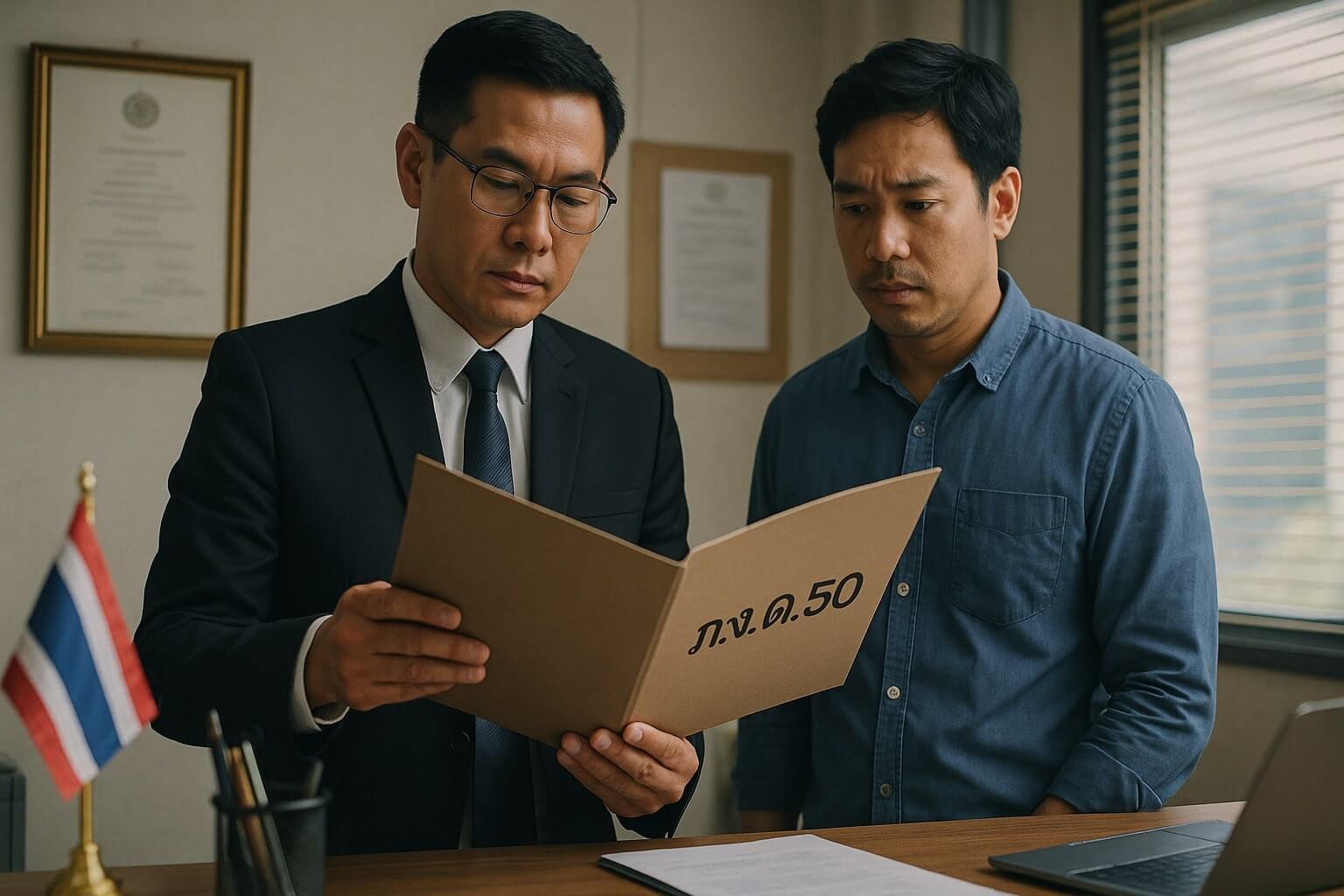 เจ้าหน้าที่กรมสรรพากรตรวจสอบแฟ้มเอกสารที่มีป้ายกำกับว่า “ภ.ง.ด.50” ข้างเจ้าของกิจการที่มีสีหน้าเคร่งเครียดในสำนักงานธุรกิจขนาดเล็ก ที่กำลังงงว่าภ.ง.ด.50 คืออะไร