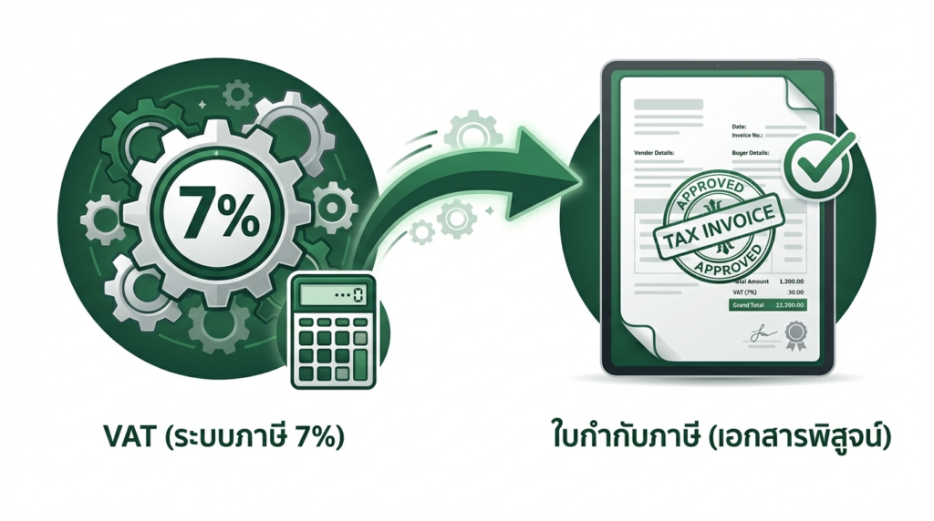 แผนภาพอธิบาย ใบกำกับภาษีคืออะไร และแตกต่างจากระบบภาษีมูลค่าเพิ่ม (VAT 7%) อย่างไร สรุปโดย ซิมเปิล บาลานซ์