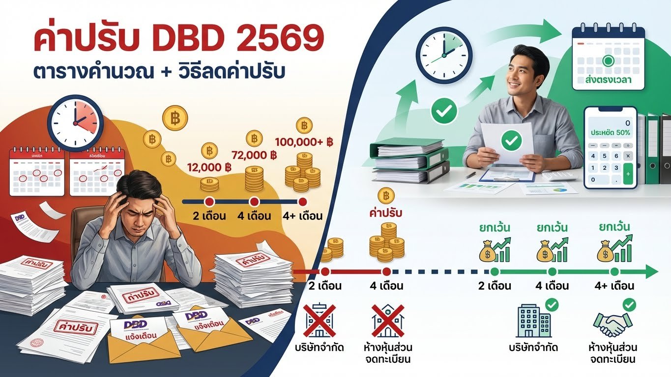 ภาพประกอบบทความค่าปรับ DBD 2569 แสดงเจ้าของธุรกิจไทยสองสถานการณ์ ด้านซ้ายเป็นภาพความกังวลจากการยื่นงบการเงินล่าช้าพร้อมจดหมายเตือนและตัวเลขค่าปรับ ด้านขวาเป็นภาพความโล่งใจหลังจากแก้ไขปัญหาได้สำเร็จ พร้อมตารางคำนวณค่าปรับและวิธีลดค่าปรับสำหรับบริษัทจำกัดและห้างหุ้นส่วนจดทะเบียน