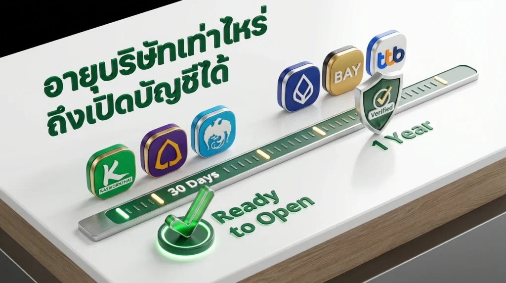 อินโฟกราฟิกแสดงเกณฑ์อายุขั้นต่ำของบริษัทในการเปิดบัญชีธนาคาร เปรียบเทียบระยะเวลา 30 วัน สำหรับธนาคารกสิกรไทย ไทยพาณิชย์ และกรุงไทย กับเกณฑ์ 1 ปี สำหรับธนาคารกรุงเทพ กรุงศรี และ ttb