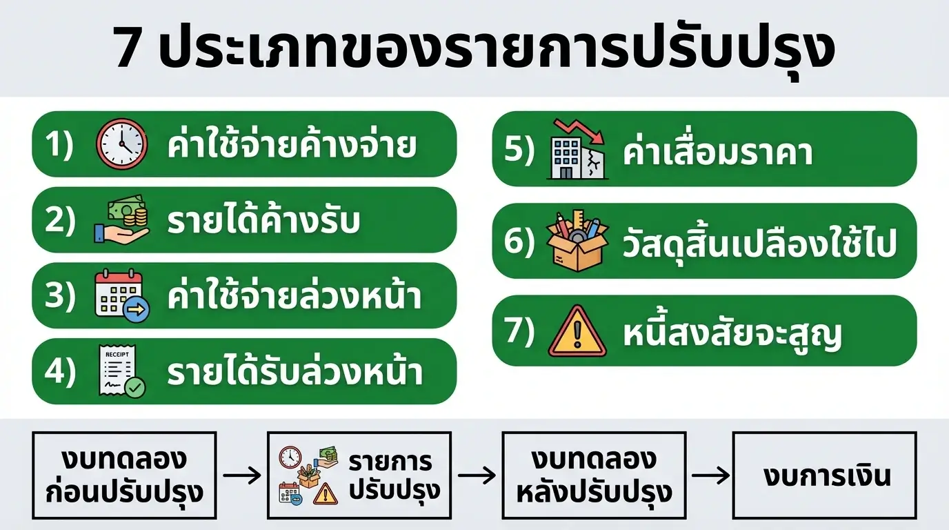 รายการปรับปรุง คืออะไร - อินโฟกราฟิก 7 ประเภทรายการปรับปรุงบัญชีก่อนปิดงบการเงิน | Simple Balance