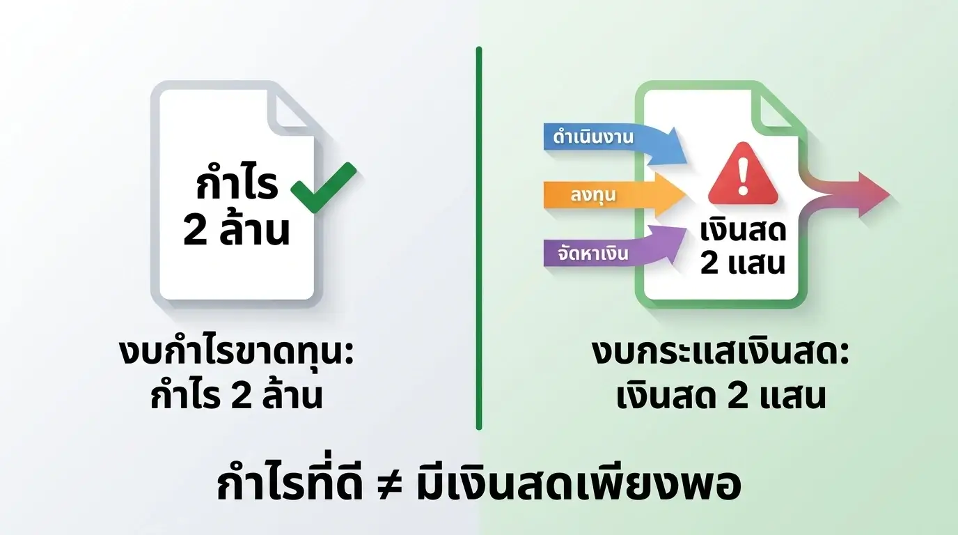 อินโฟกราฟิกเปรียบเทียบงบกำไรขาดทุนกับงบกระแสเงินสด แสดงให้เห็นว่ากำไรดีไม่ได้แปลว่ามีเงินสดพอ โดย Simple Balance