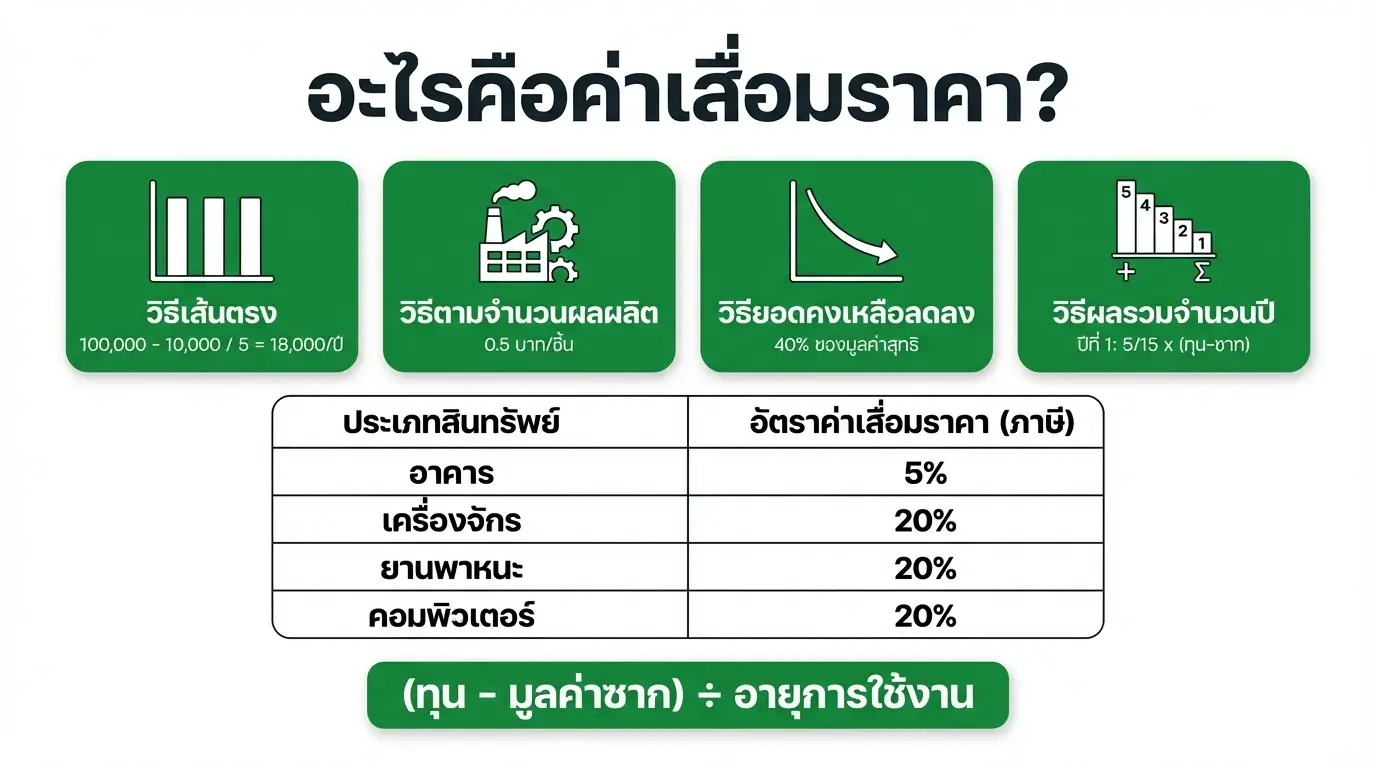 ค่าเสื่อมราคา คืออะไร - อินโฟกราฟิก วิธีคำนวณค่าเสื่อมราคา 4 วิธี อัตราทางภาษี และตัวอย่างจริงสำหรับ SME | Simple Balance
