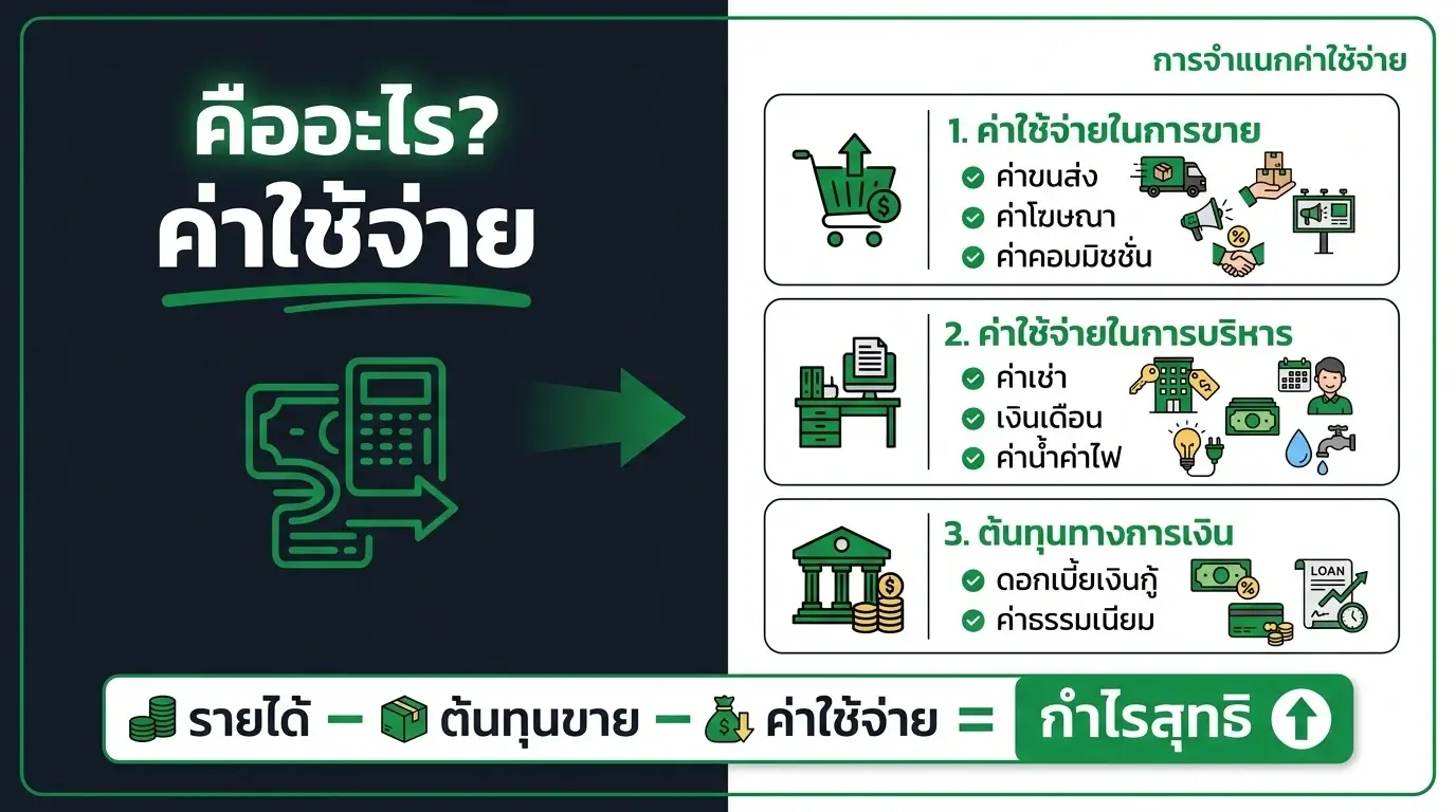 อินโฟกราฟิกแสดง 3 ประเภทค่าใช้จ่ายในงบกำไรขาดทุน ได้แก่ ค่าใช้จ่ายในการขาย ค่าใช้จ่ายในการบริหาร และต้นทุนทางการเงิน พร้อมสูตรคำนวณกำไรสุทธิ โดย Simple Balance