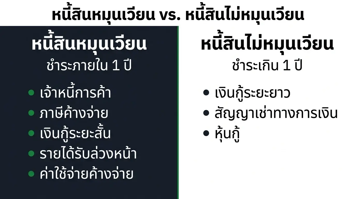 อินโฟกราฟิกเปรียบเทียบหนี้สินหมุนเวียนที่ต้องจ่ายภายใน 1 ปี กับหนี้สินไม่หมุนเวียนที่จ่ายเกิน 1 ปี พร้อมตัวอย่างแต่ละประเภท โดย Simple Balance