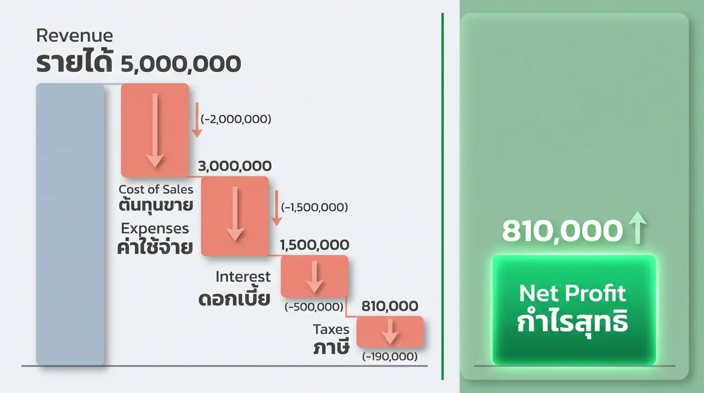 อินโฟกราฟิกกำไรสุทธิ แสดงสูตรคำนวณจากรายได้หักต้นทุนขาย ค่าใช้จ่าย ดอกเบี้ย ภาษี พร้อมตัวอย่างตัวเลข โดย Simple Balance