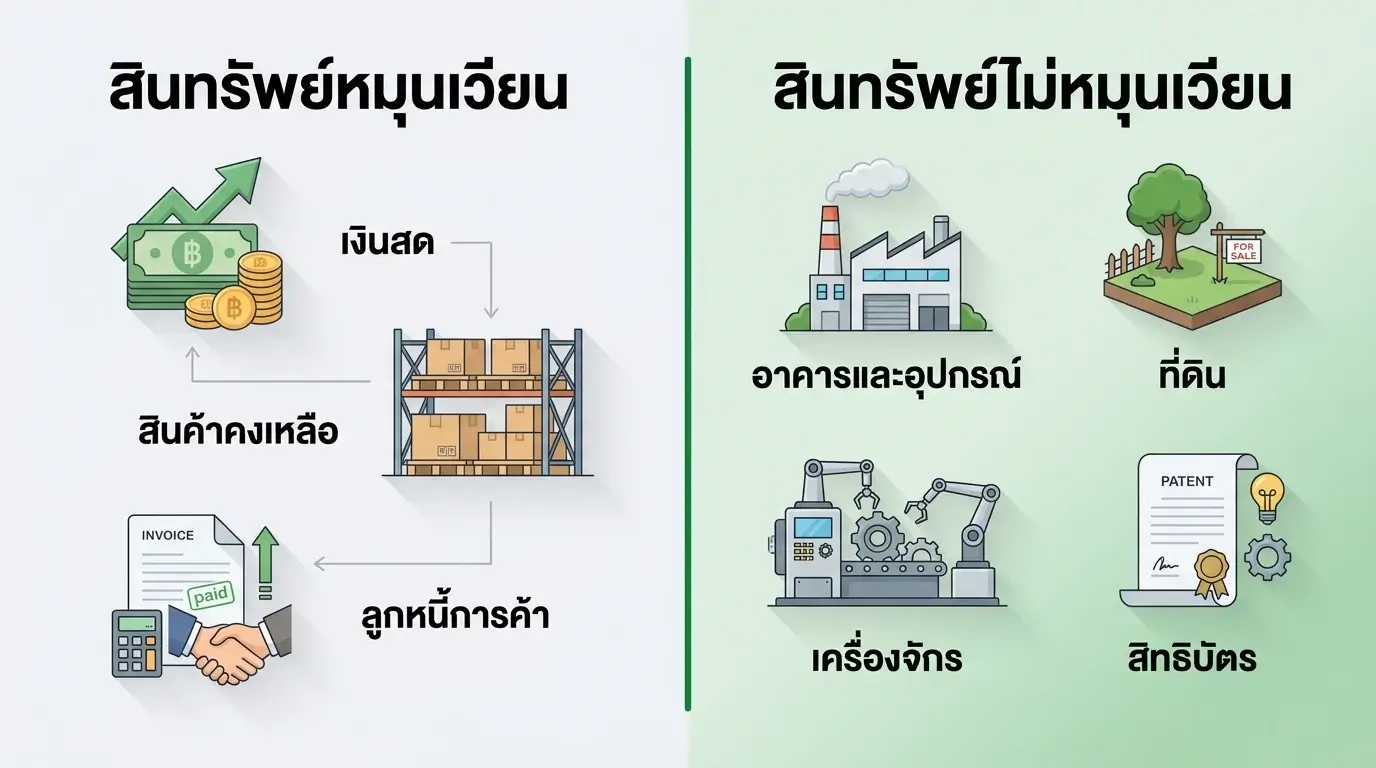 สินทรัพย์ไม่หมุนเวียน คืออะไร - อินโฟกราฟิกเปรียบเทียบสินทรัพย์หมุนเวียนกับสินทรัพย์ไม่หมุนเวียน | Simple Balance