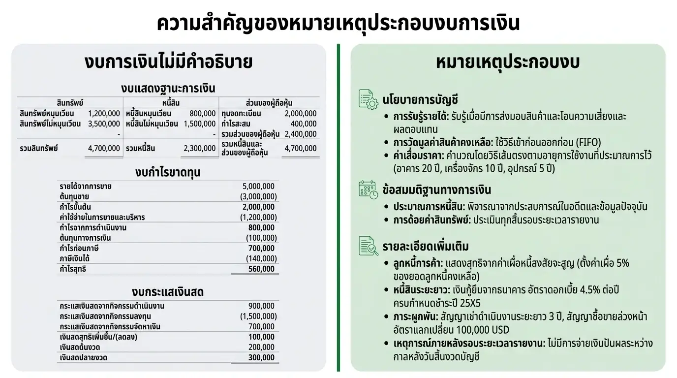 อินโฟกราฟิกเปรียบเทียบงบการเงินที่ไม่มีคำอธิบายกับงบที่มีหมายเหตุประกอบงบครบถ้วน โดย Simple Balance