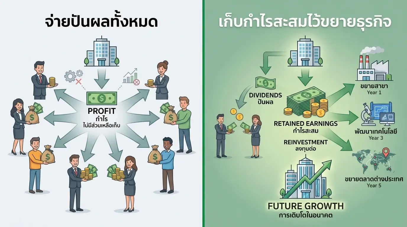 กำไรสะสม คืออะไร - เปรียบเทียบการจ่ายปันผลทั้งหมดกับการเก็บกำไรสะสมไว้ขยายธุรกิจ | Simple Balance