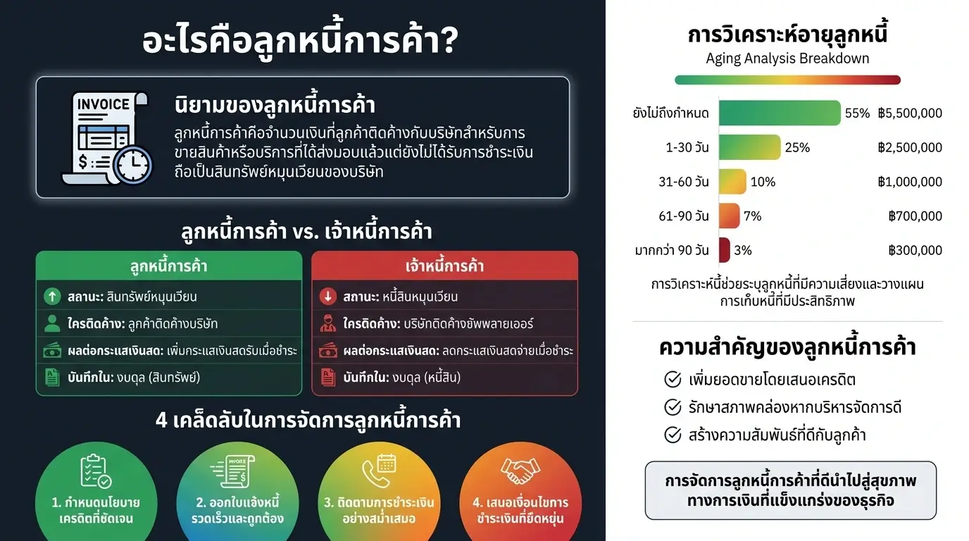 อินโฟกราฟิกอธิบายลูกหนี้การค้า แสดงตารางเปรียบเทียบกับเจ้าหนี้การค้า การวิเคราะห์อายุลูกหนี้ 5 ระดับ และ 4 วิธีบริหารลูกหนี้ โดย Simple Balance